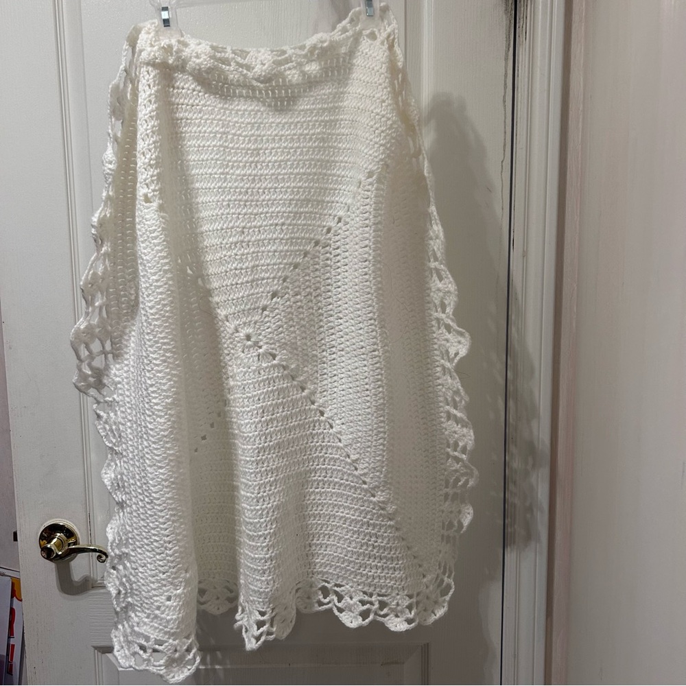 Handmade crochet white baby blanket approx 32” x 32”